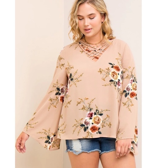 entro Tops - Entro Beige Floral Bell Sleeve Blouse